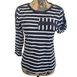 J. Crew faux leather trim long sleeve striped knit top, black and white, size XS